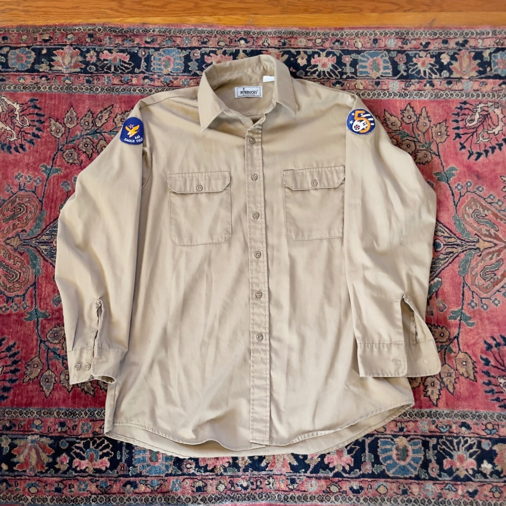 VTG 70s Roebucks Perma-Prest Khaki Work Shirt AAF Eagle Field Patches Men XL USA